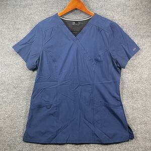 Elle Mock Wrap Scrub Top Women's Medium Blue Zip Pocket Medical Nursing